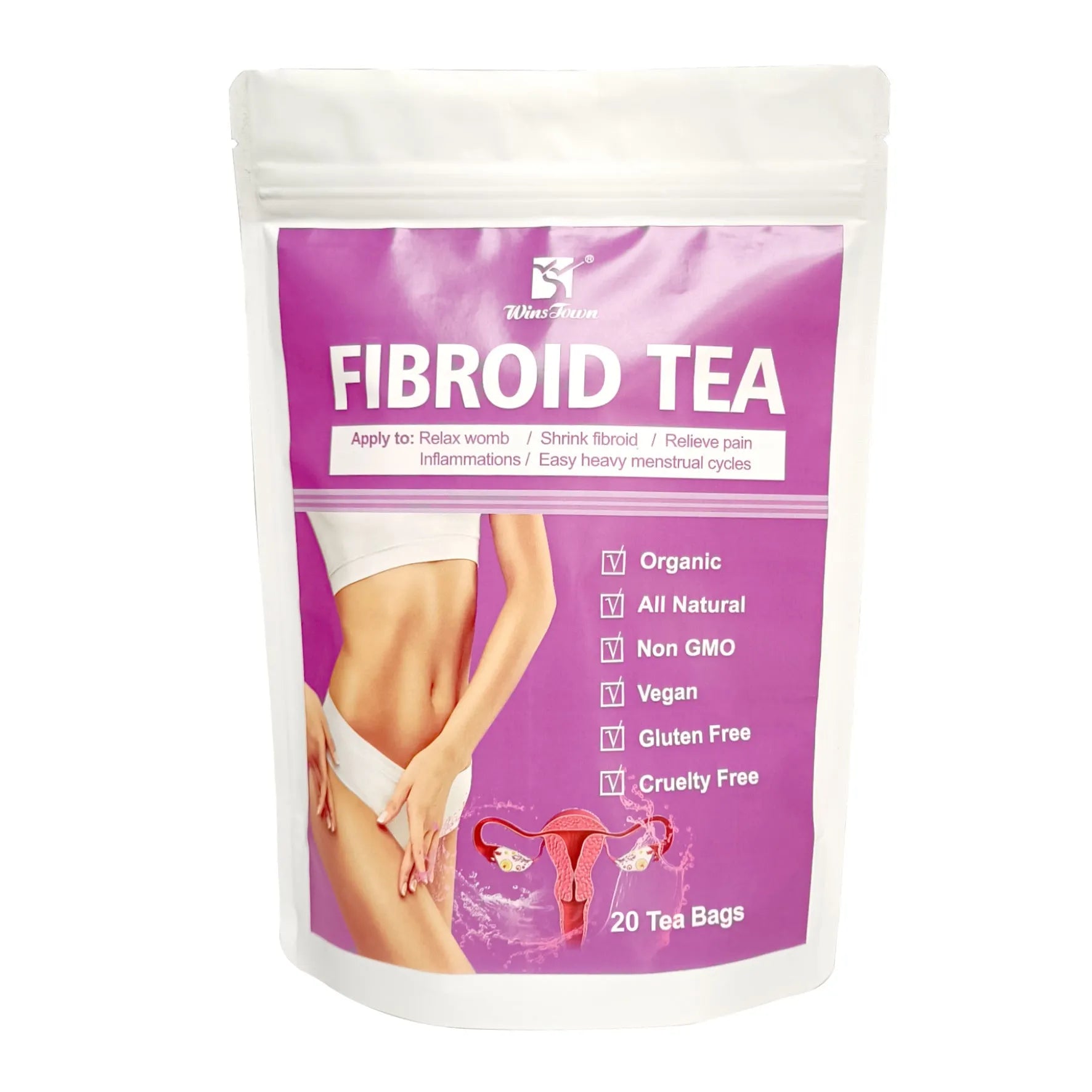 Pack of herbal fibroid tea bags with C83 Winstown packaging for cold extract brewing.
