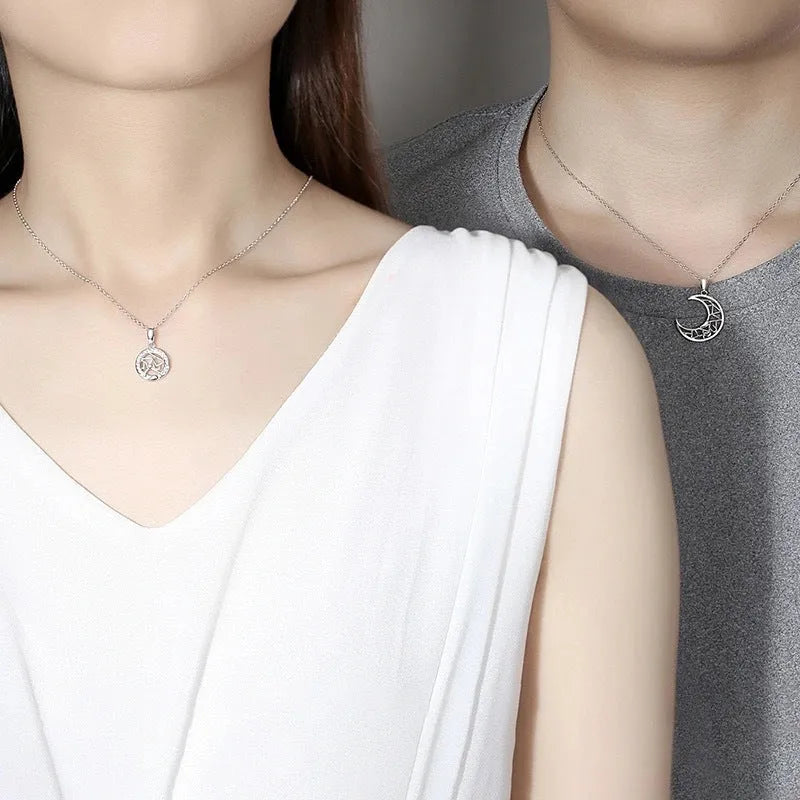 Sun moon couple necklace set with copper electroplated pendants on cross chains