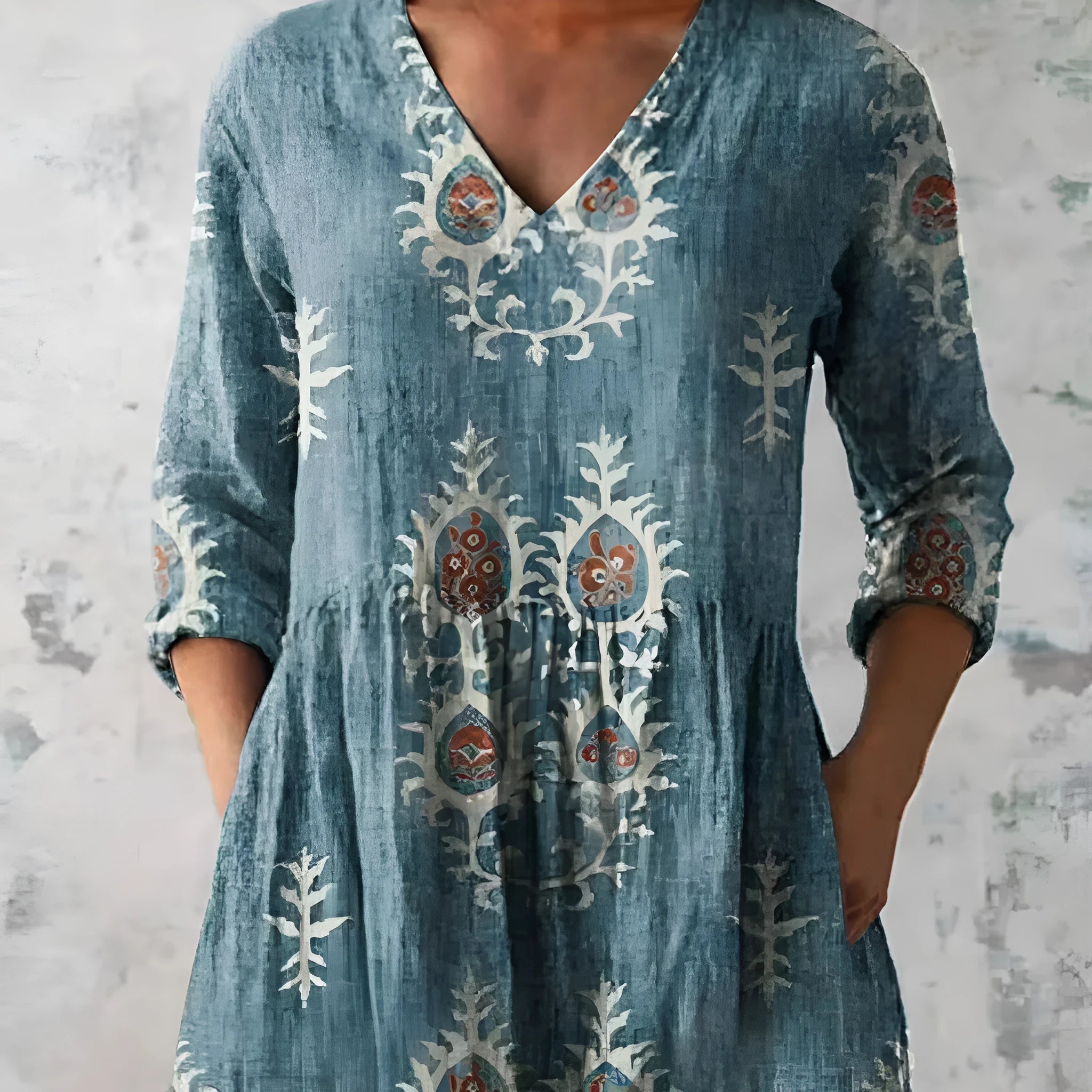 Women's printed dress with wave pattern, 3/4 sleeves and loose wide waist fit
