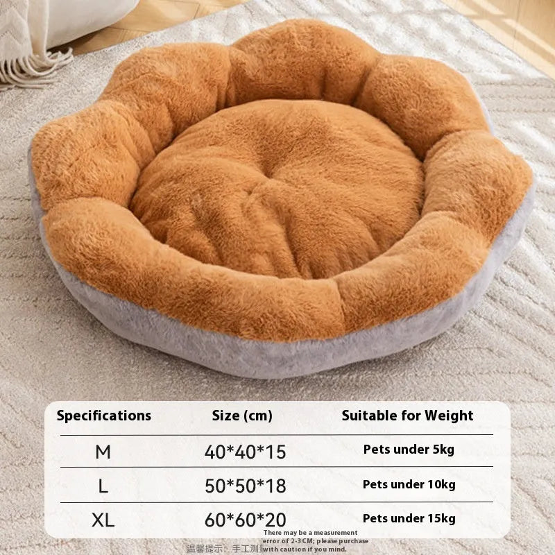 Round rabbit plush cat bed with a detachable washable cover in grey and black colour.