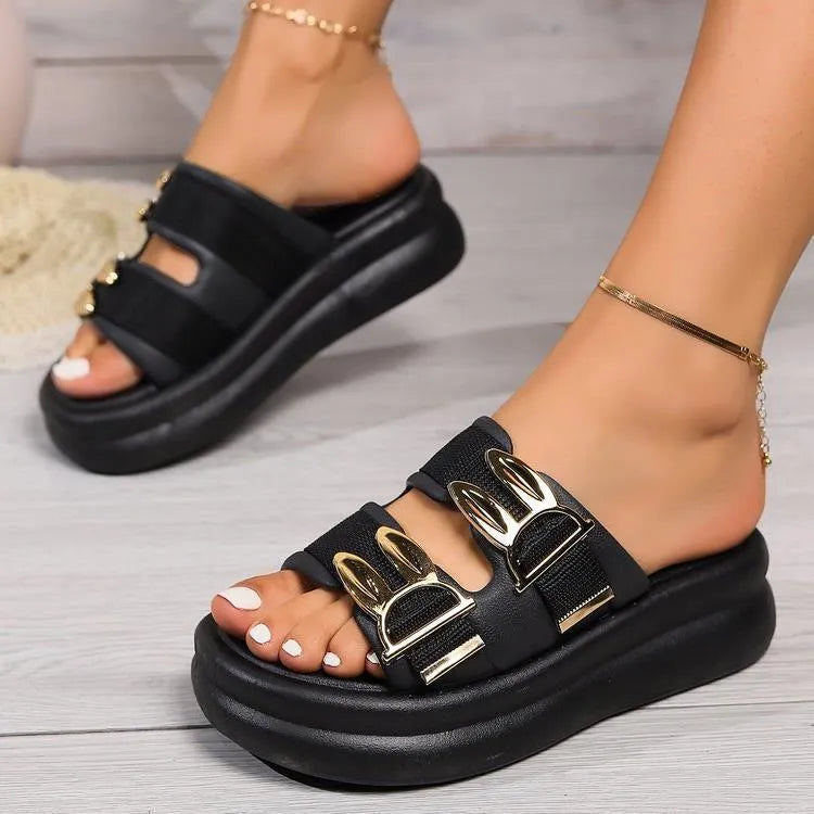 Women's thick sole slippers in apricot colour with suede uppers and rubber soles