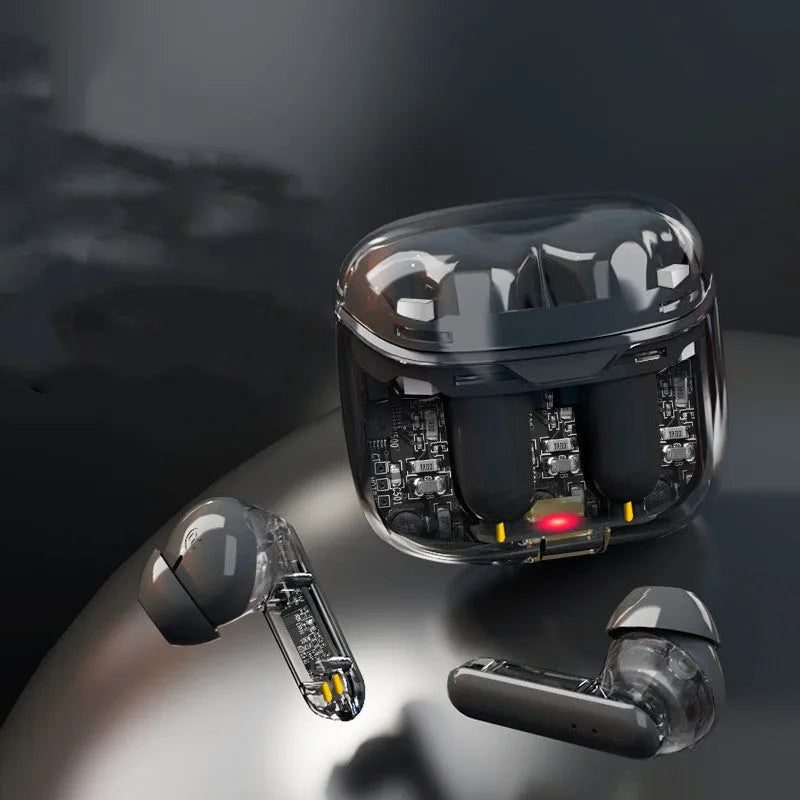 Wireless Bluetooth headset with transparent cabinet showing internal components