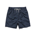 Men's striped polyester shorts with triangle lining in navy blue, straight leg opening for beachwear