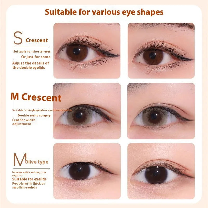 Roll of 120 invisible lace double eyelid stickers in packaging, showing Crescent and Olive shape options.