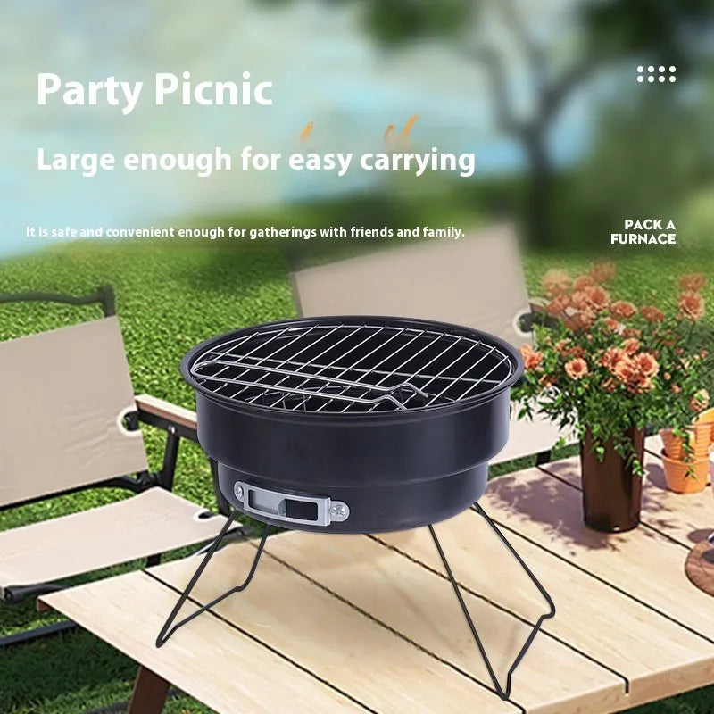 Small round folding ice stove barbecue grill with mesh, leg, and components for 1-2 people
