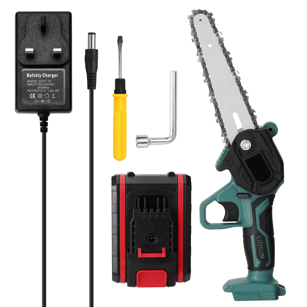 Black one-handed mini electric chainsaw with a 4-inch guide bar and lithium battery pack.