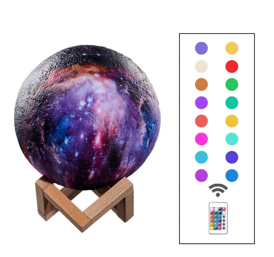 Spherical lunar night light on display, showing colour-changing LED glow with remote control.