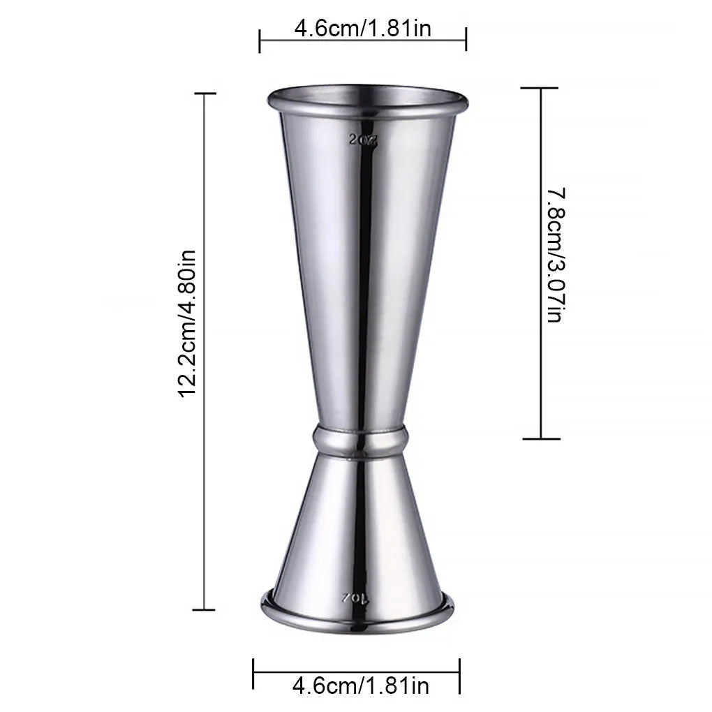Stainless steel dual-ended cocktail measuring cup and shaker set in silver finish