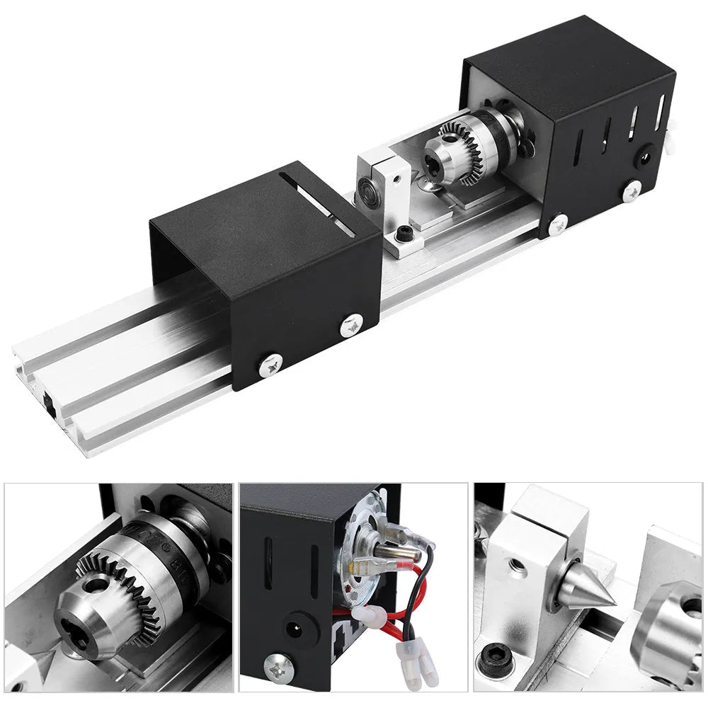 Mini silver metal woodworking lathe with carving knives on wooden surface