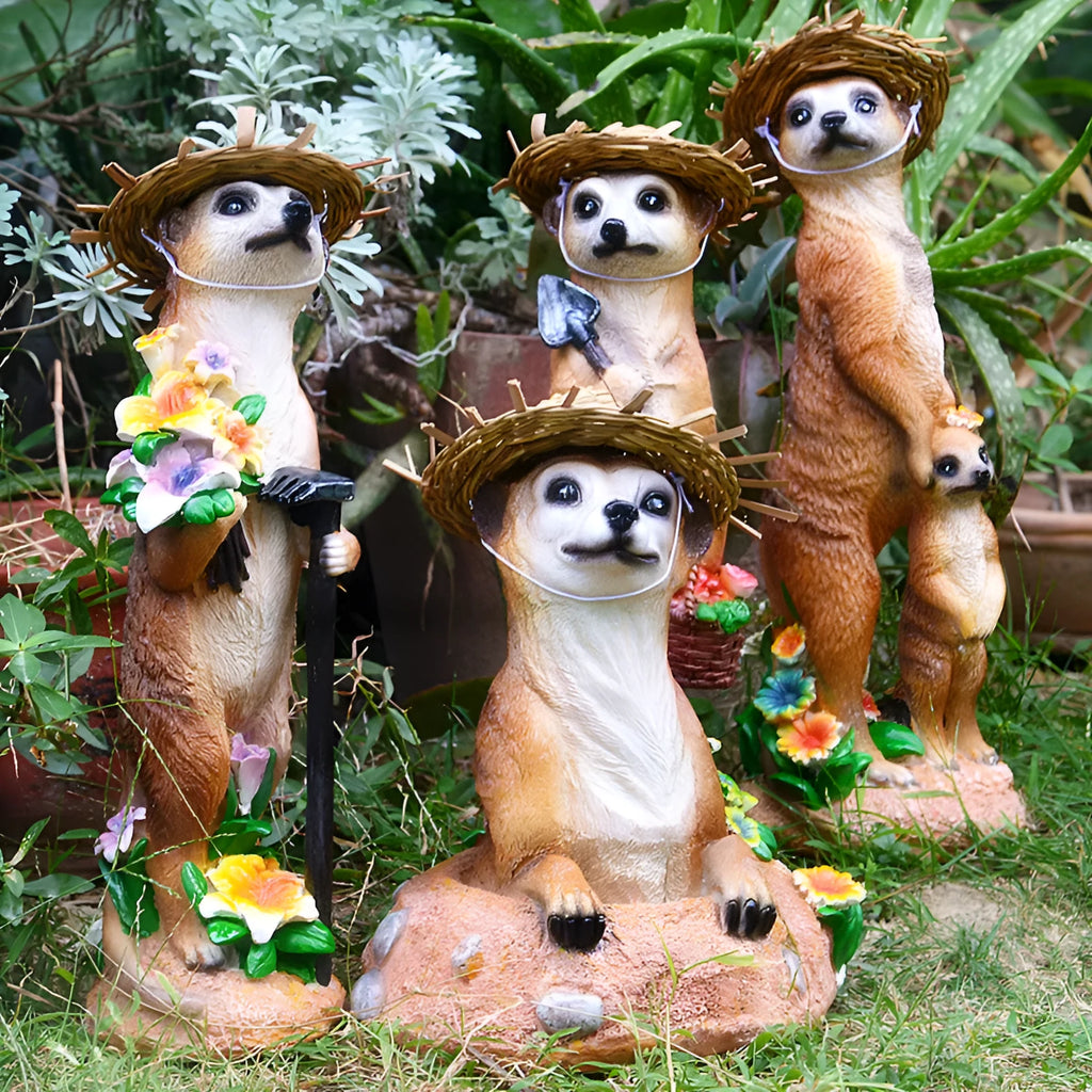Straw hat mongoose resin garden ornaments with gardening tools in yellow brown colours