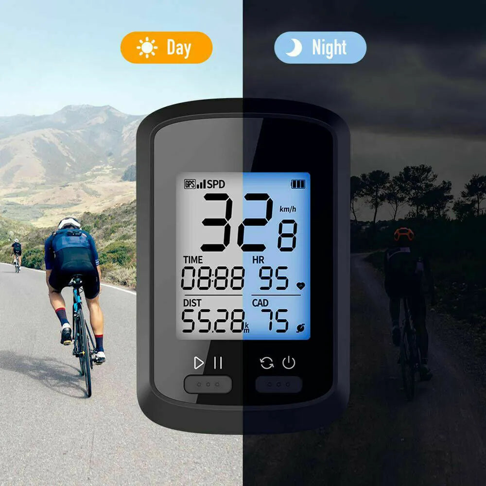 Black waterproof bicycle stopwatch with digital display mounted on bike handlebars.