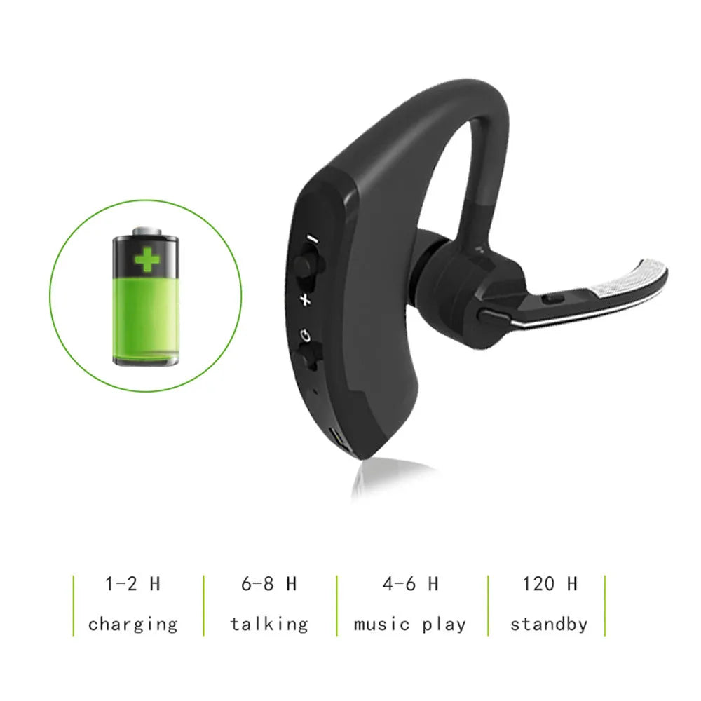 V9 Jerry style Bluetooth wireless headset with ear-bud and charging cable on a white background.
