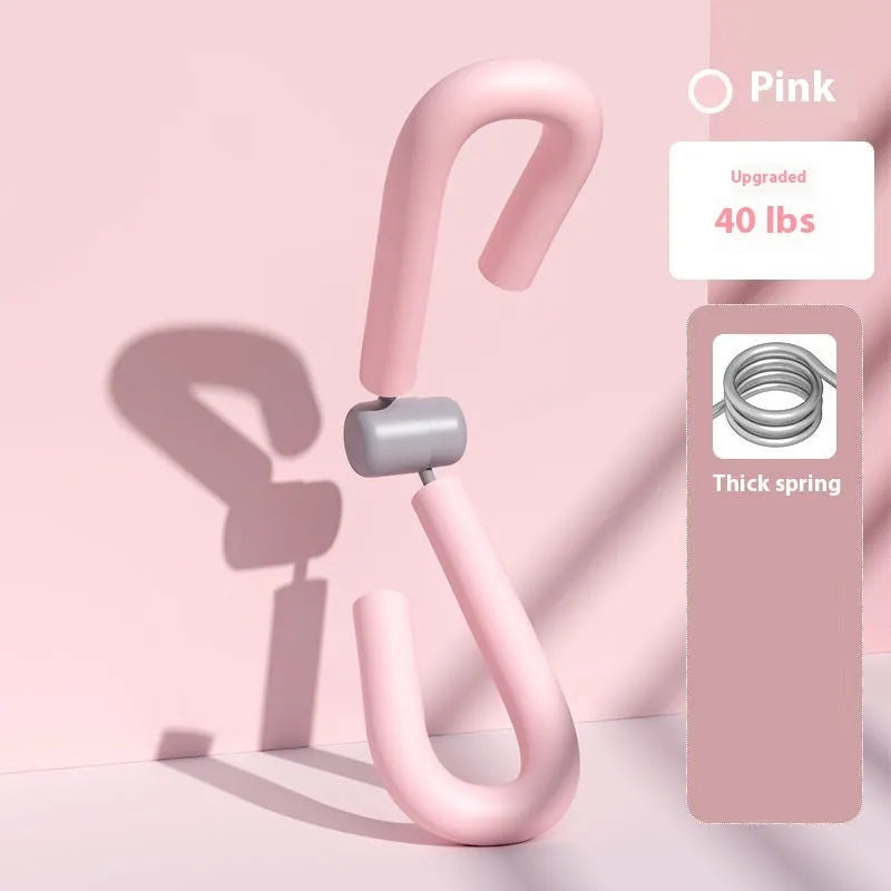 Yoga four-piece fitness set showing leg stretcher, ring, pedal device, and tension rope on a floor.