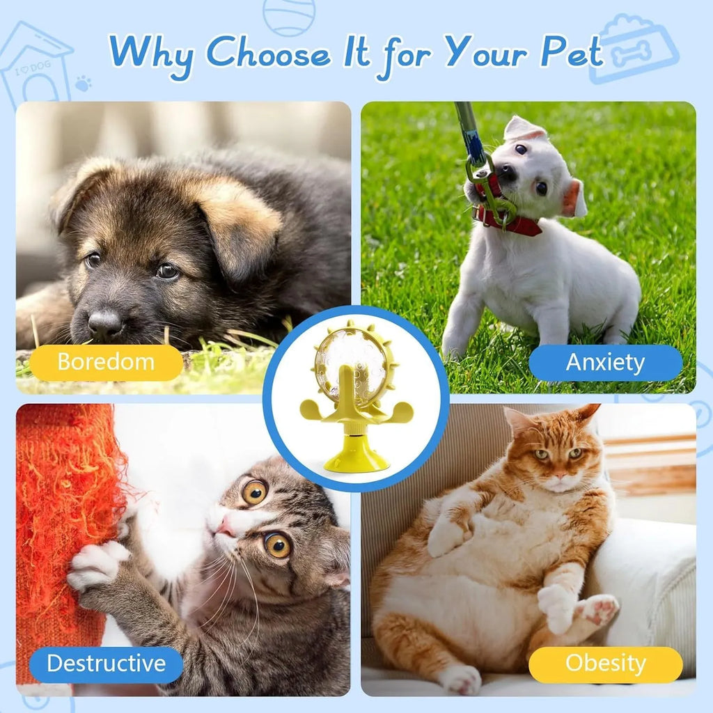 Interactive pet puzzle feeder toy with rotating dispenser in blue, green, red, or yellow colours