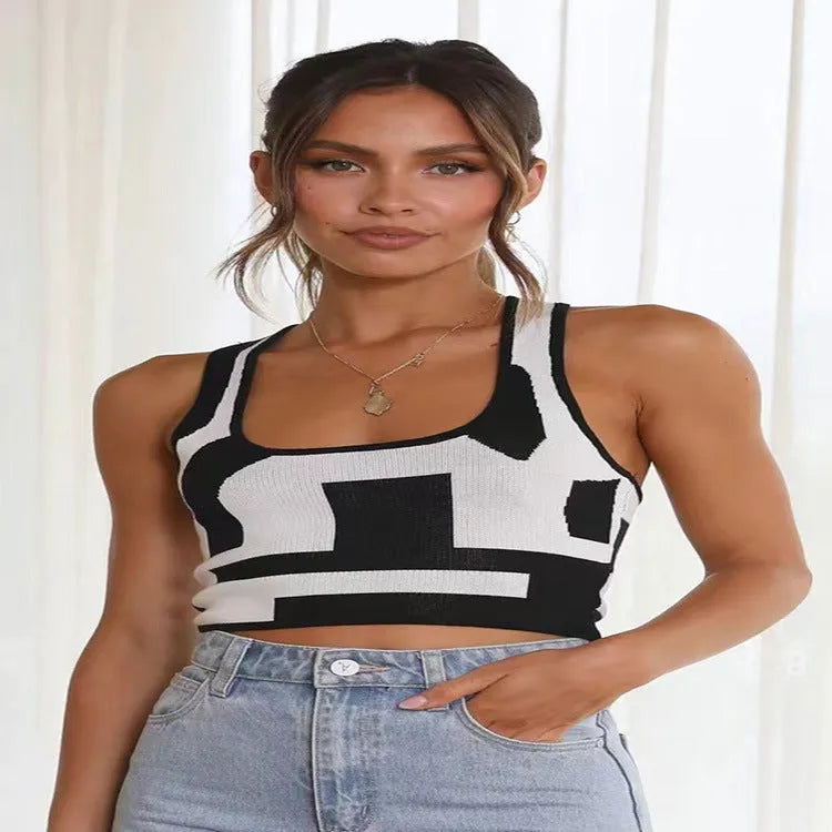 Women's U-neck camisole top with contrast colour trim in core-spun polyester fabric