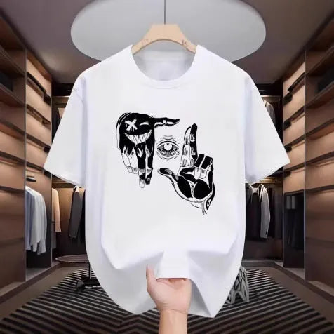 Men's grey cartoon print short sleeve t-shirt made from breathable mesh fabric.