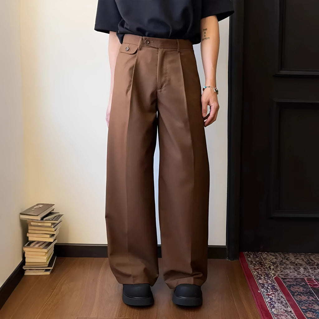Men's brown casual suit pants with straight loose wide-leg fit and draping style