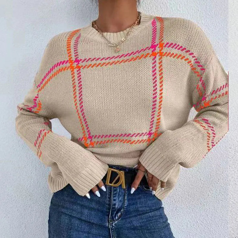 Women's loose-fit plaid colour-block acrylic sweater in apricot, black, beige, red, and green stripes.