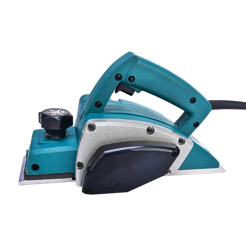 Red desktop electric wood planer with 82mm cutting width and aluminium housing