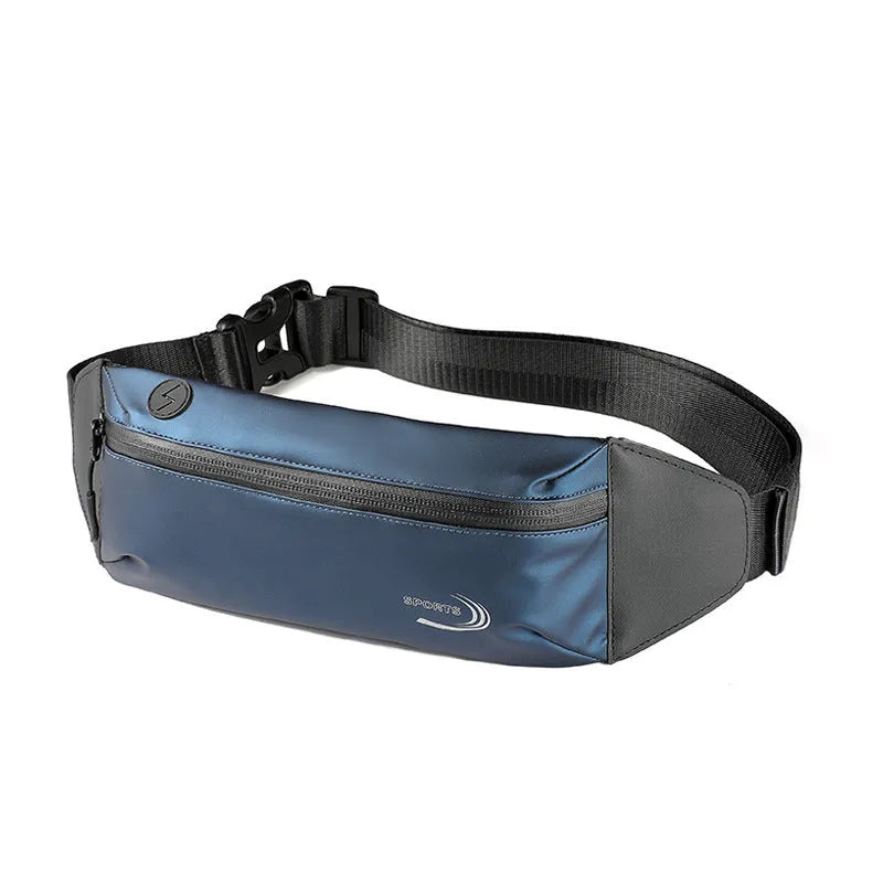Men's blue waterproof polyester sports waist bag with adjustable strap.