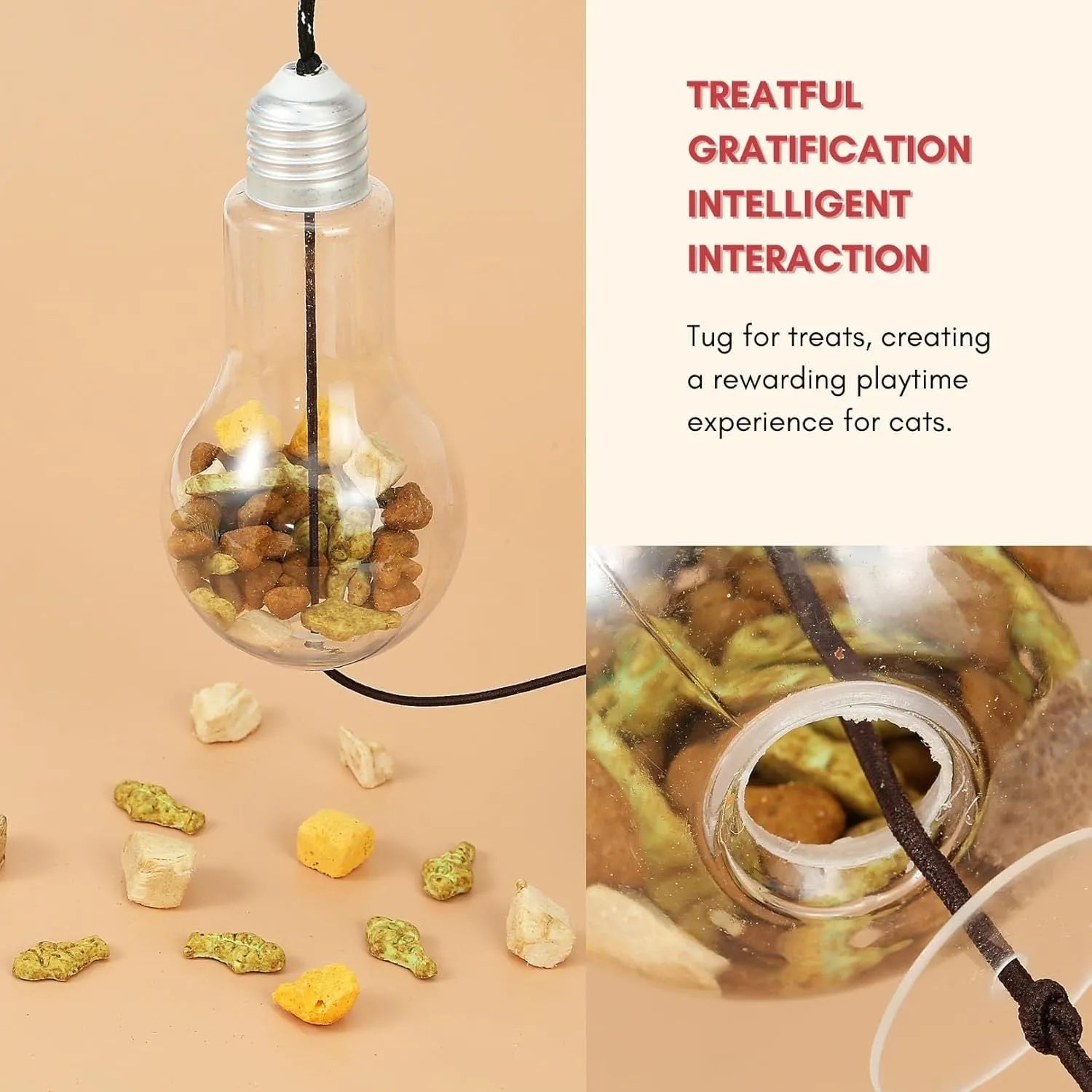 Grey and yellow interactive cat toy with dangling mouse, elastic rope, and treat dispenser for door frames