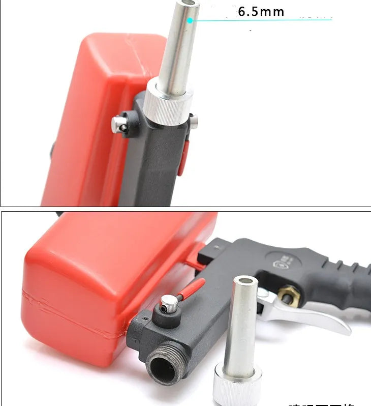 Portable small gravity pneumatic sandblasting gun with black or blue finish and 21 lb tank