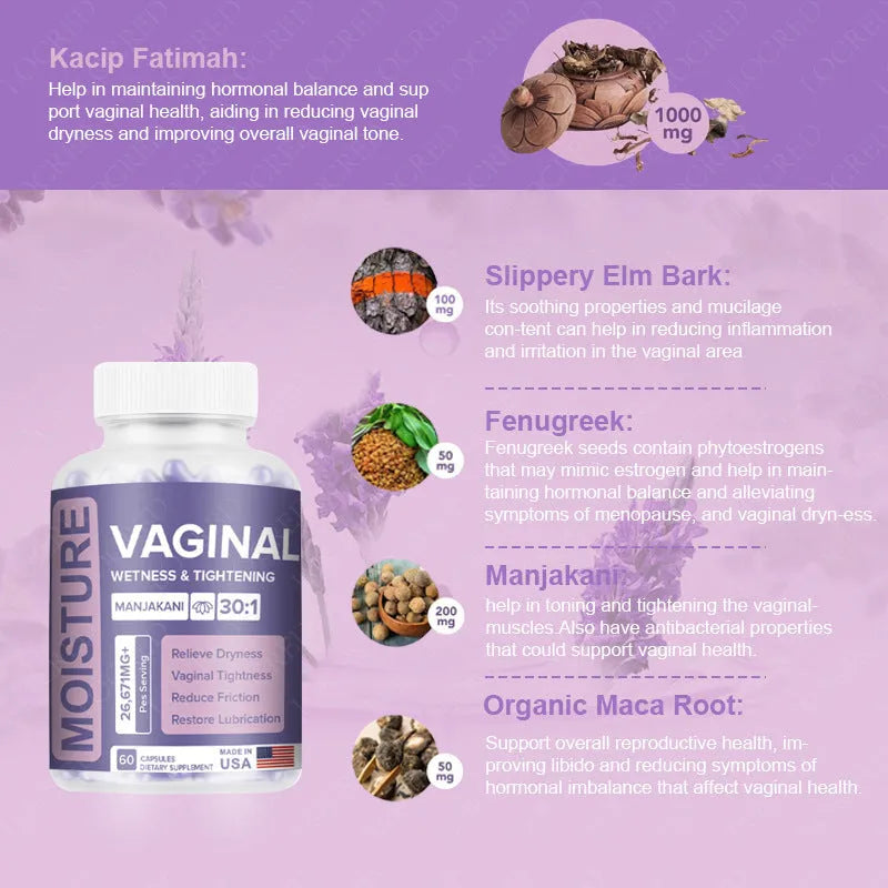 Bottle containing 60 vaginal capsules for adult women's intimate care supplement