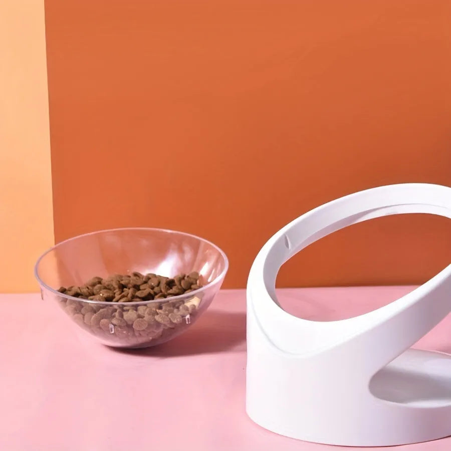 White elevated cat food bowl with anti-vomit tilt design for neck protection