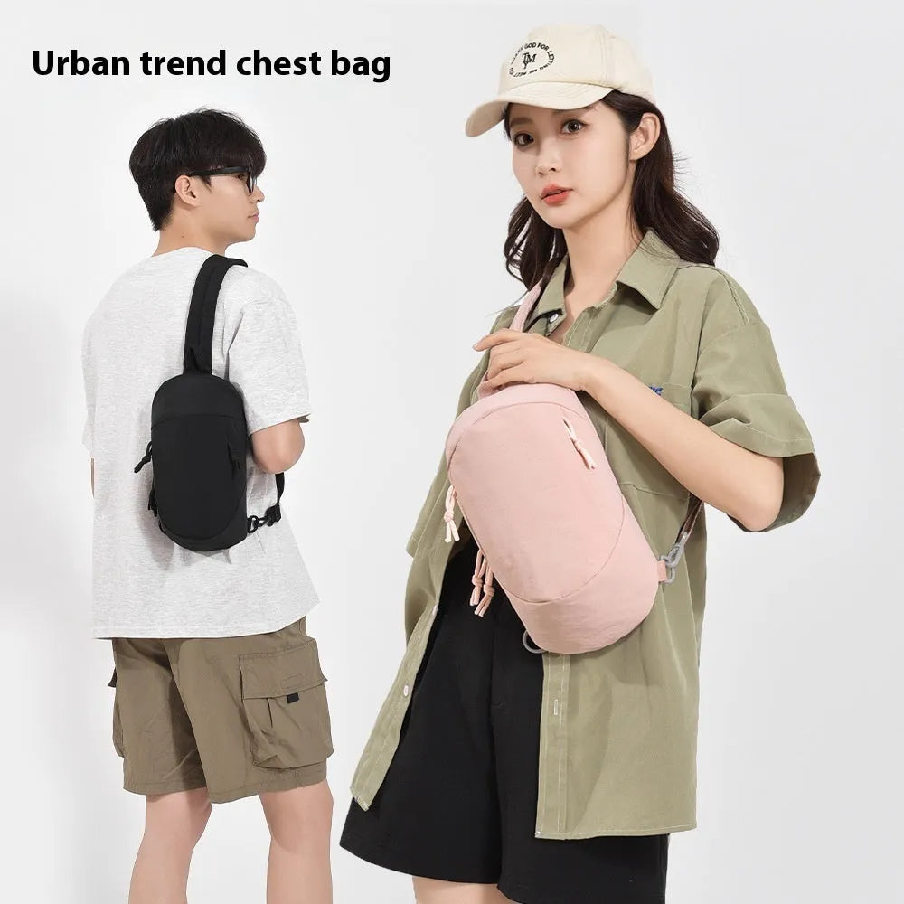 Nylon outdoor crossbody chest bag in army green with an internal phone compartment.