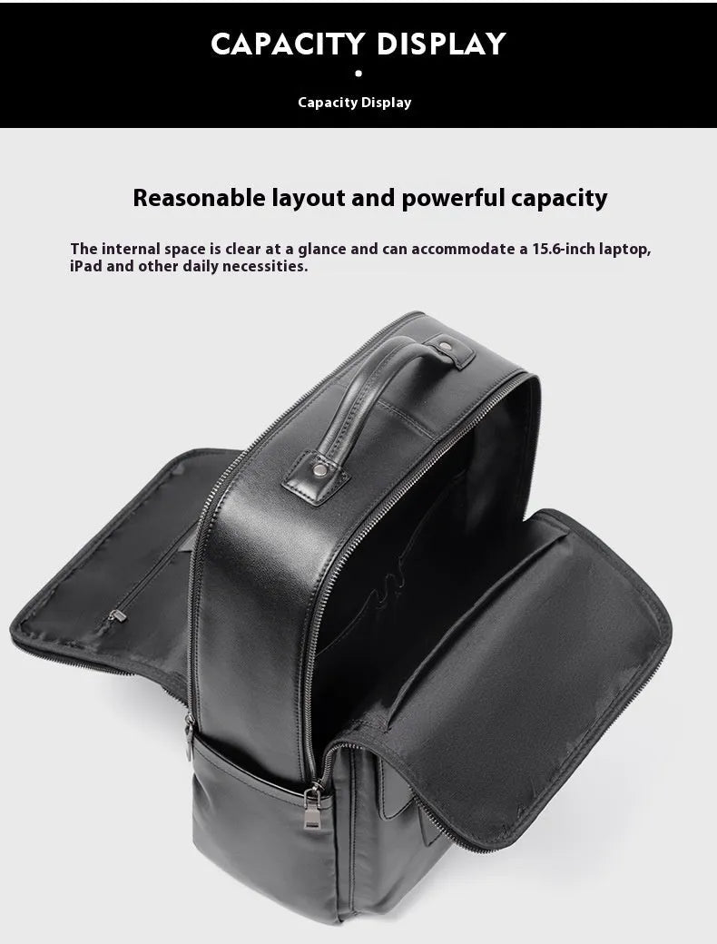 Black litchi grain men's genuine leather computer backpack with large capacity and business design