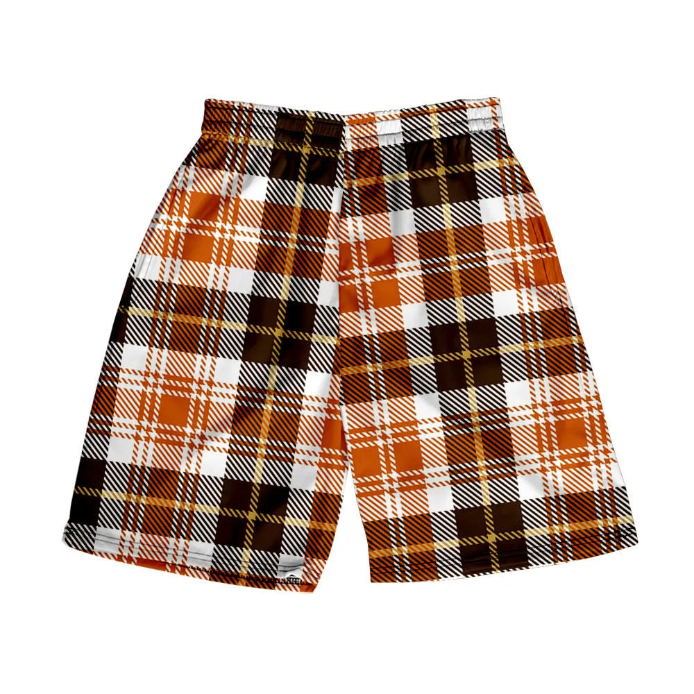 Men's plaid casual shorts with elastic waistband in straight cut design
