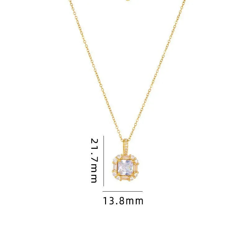 Gold titanium steel clavicle necklace with geometric zircon pendant and water wave chain