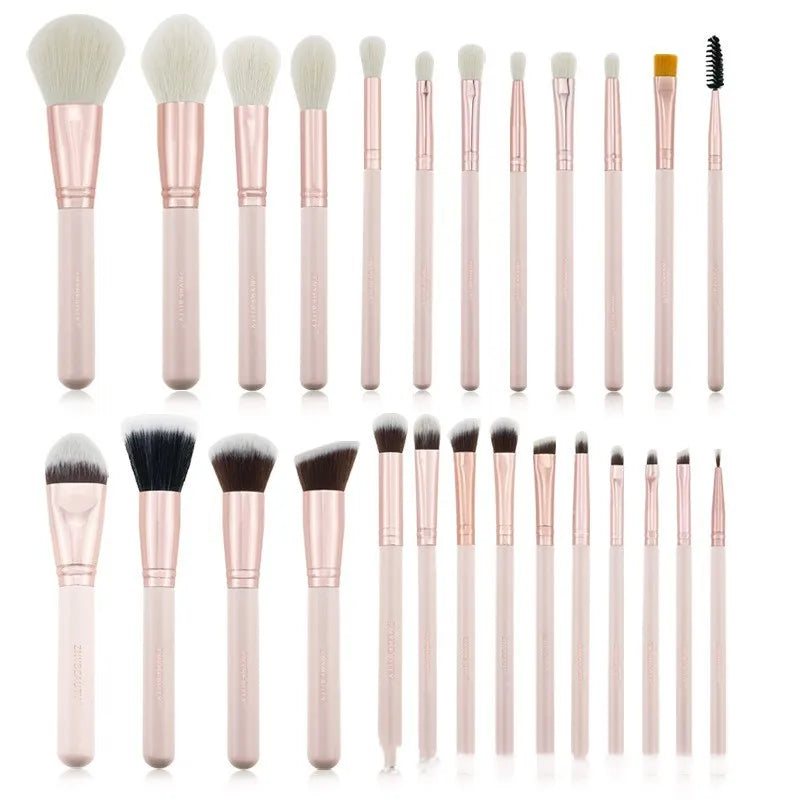 26 pink wooden-handle makeup brushes with natural wool bristles in a PU storage bag