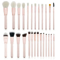 26 pink wooden-handle makeup brushes with natural wool bristles in a PU storage bag