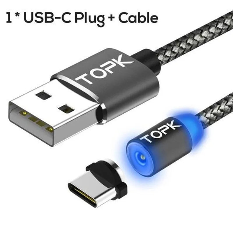 Magnetic charging cable with aluminium shell and three interchangeable plugs for iPhone Android Type-C