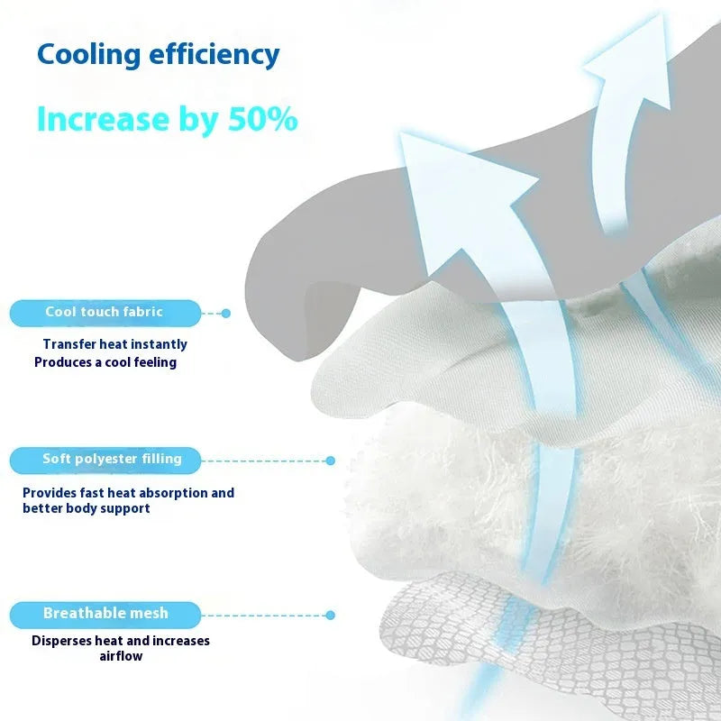 Dog cooling mat made of ice silk in a dog head shape, shown in light grey on a wooden floor.