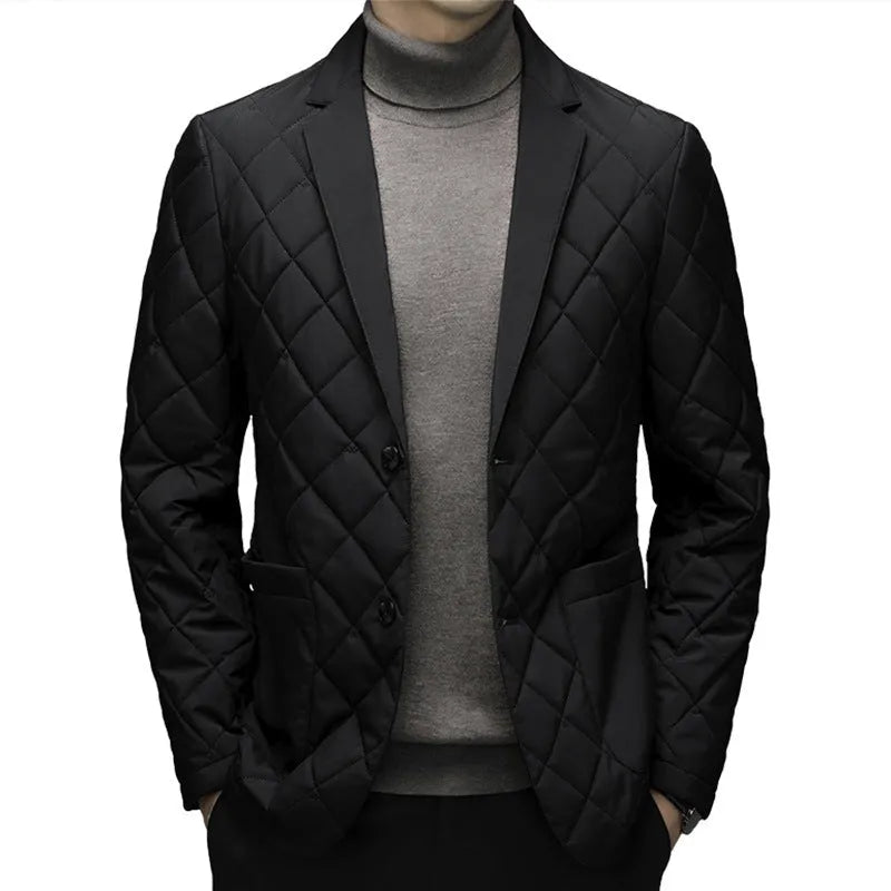 Men's winter down jacket with lapel collar and side pockets in solid colour