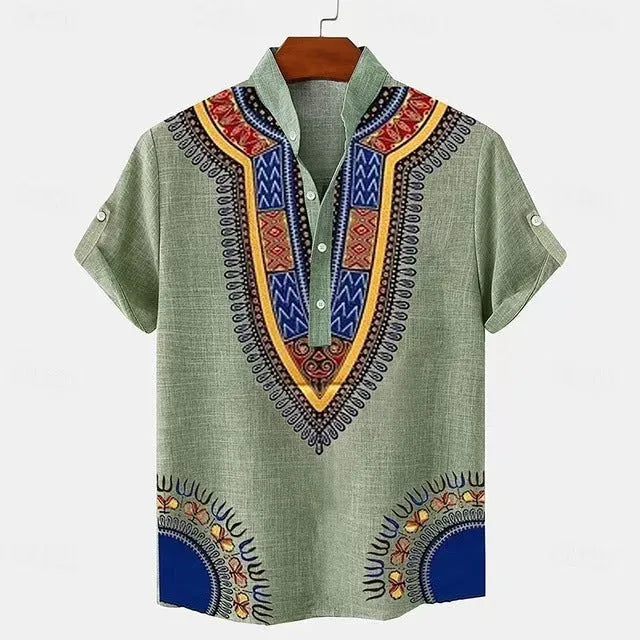Men's striped casual shirt in loose fit with button linen style and polyester construction