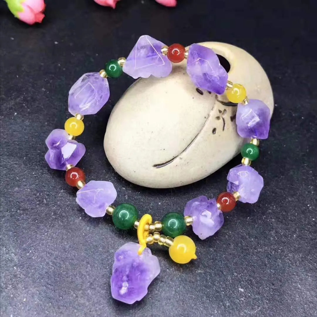 Natural shaped amethyst bead bracelet with fu character charm for women
