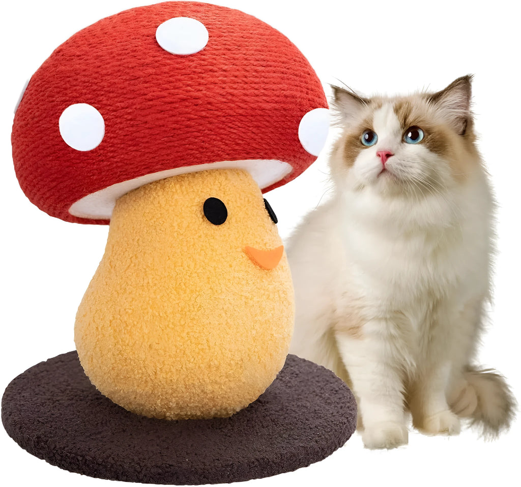 Mushroom-shaped foldable cardboard cat scratcher with accordion design on a carpet.