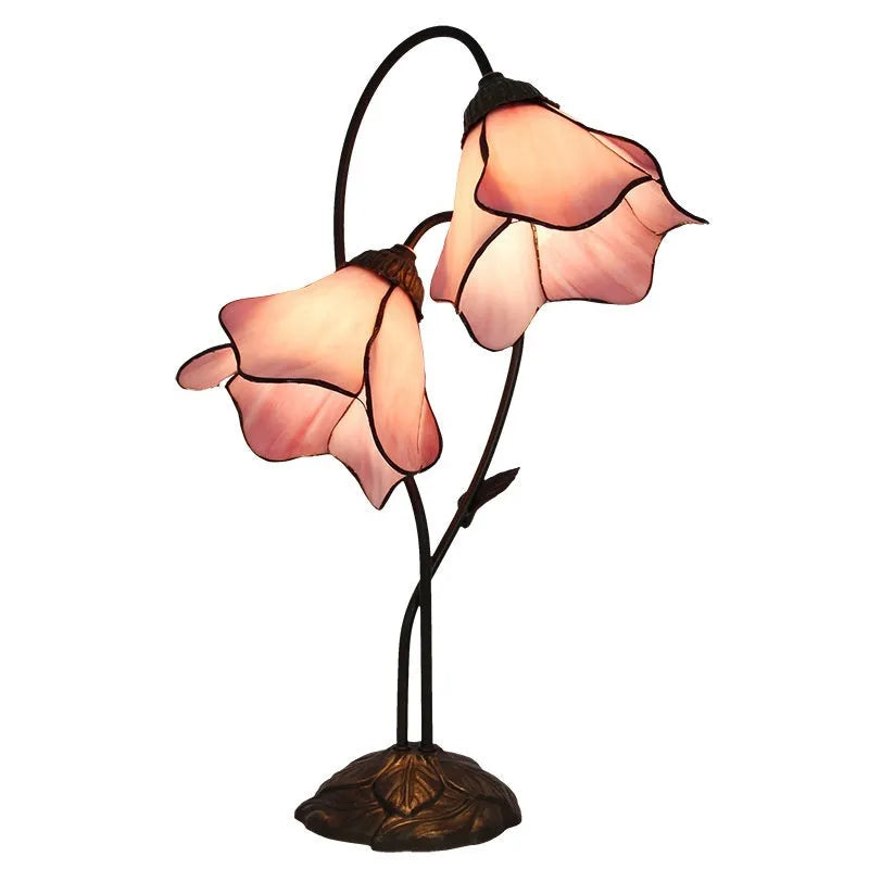 Retro American glass lotus desk lamp with double head pink shade on table