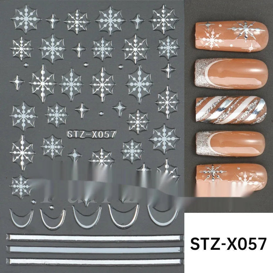 Set of 60 black and silver cartoon pattern nail strip stickers with plastic application patch.