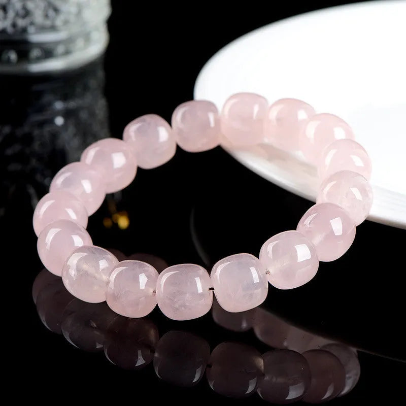 Natural bamboo crystal barrel bead bracelet with 11x12mm pink geometric beads and unisex design