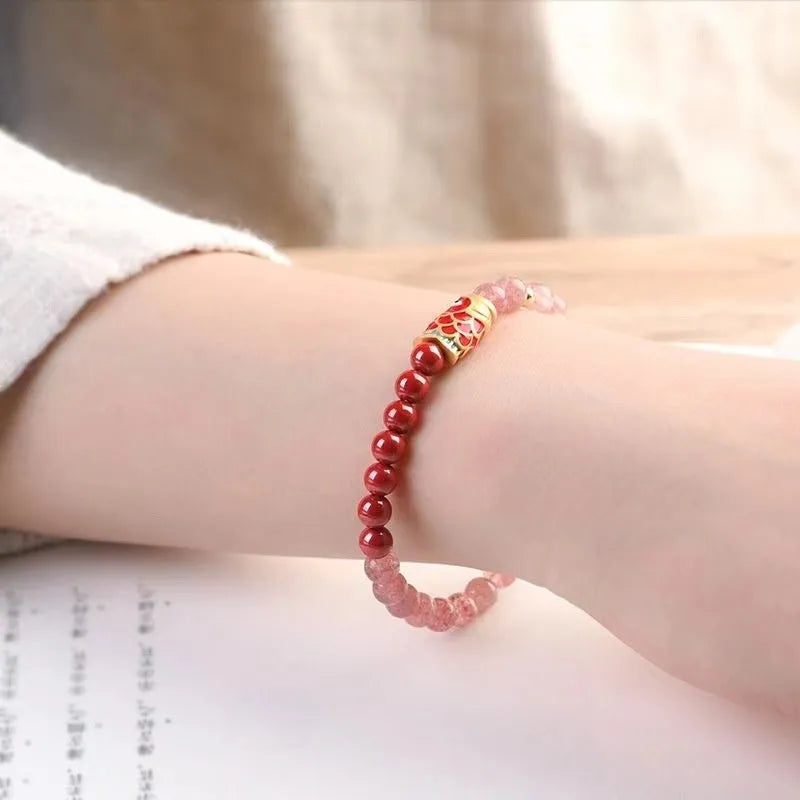 Purple cinnabar and pink strawberry quartz beaded bracelet with retro styling