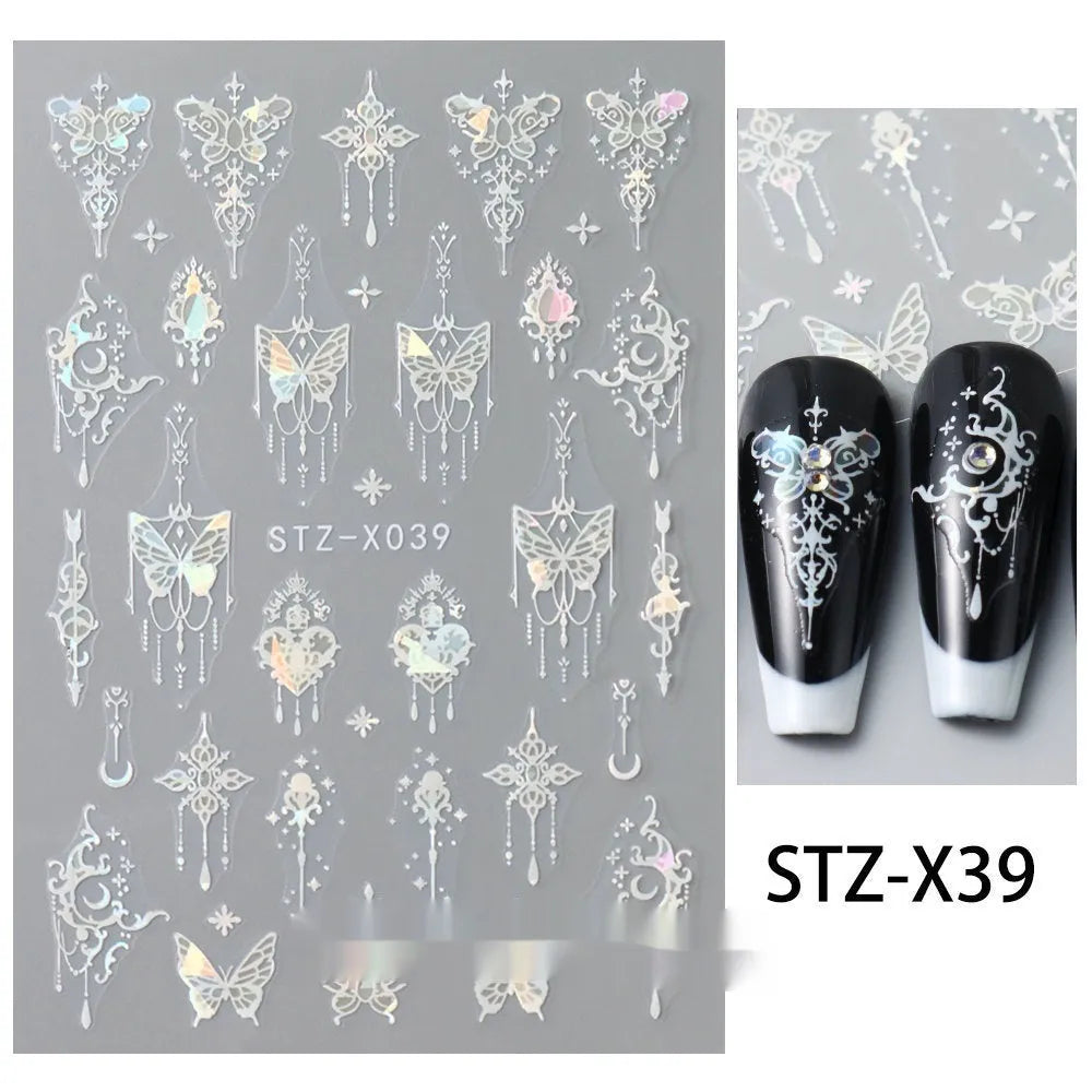 Set of 60 black and silver cartoon pattern nail strip stickers with plastic application patch.