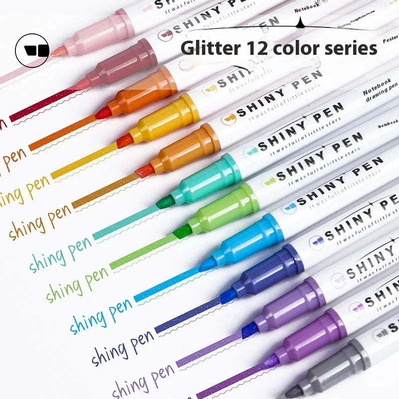 Four glitter fluorescent highlighter pens with slanted 4mm fibre tips in assorted colours including taro puff and peach blossom variations