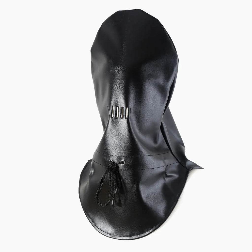Black leather fetish mask with eyeholes and adjustable strap for BDSM training