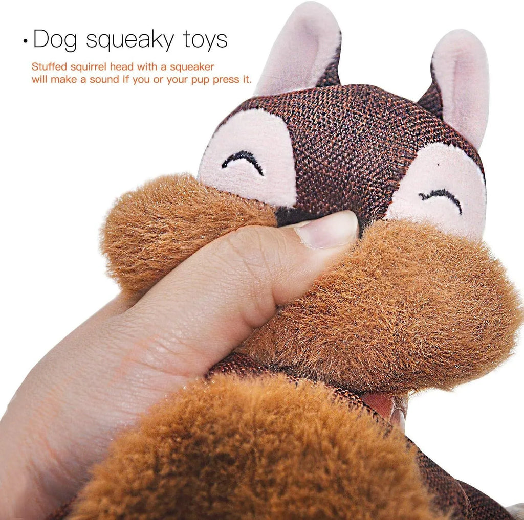 Brown fox dog toy with squeaker in head, crinkle body, and cotton rope arms and legs