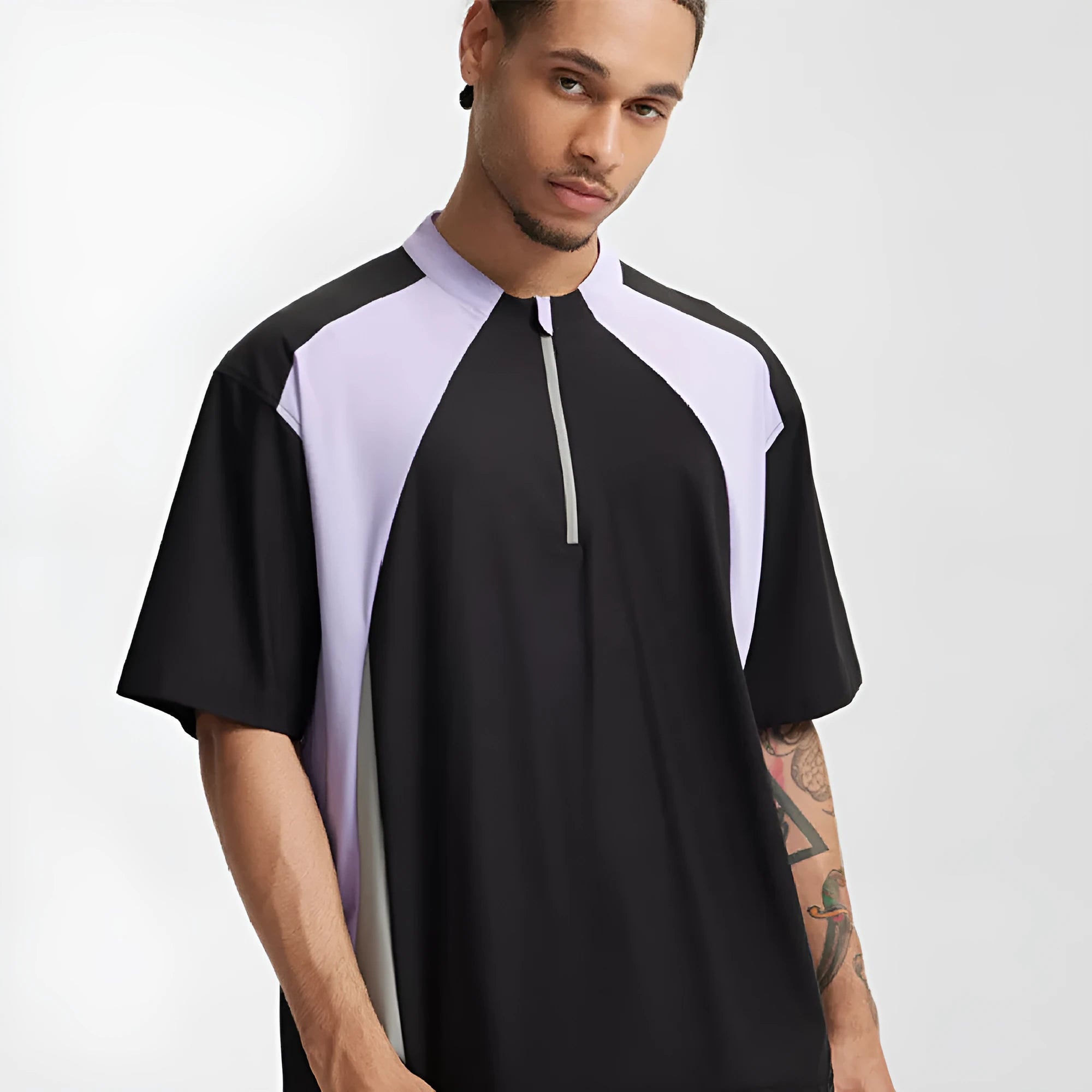 Men's solid colour lightweight polyester top with stitching detail, shown in black and beige with both sleeve length options.