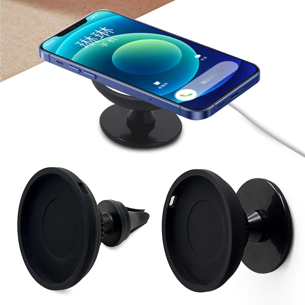 Black car magnetic phone holder showing dashboard mount and air vent clip options